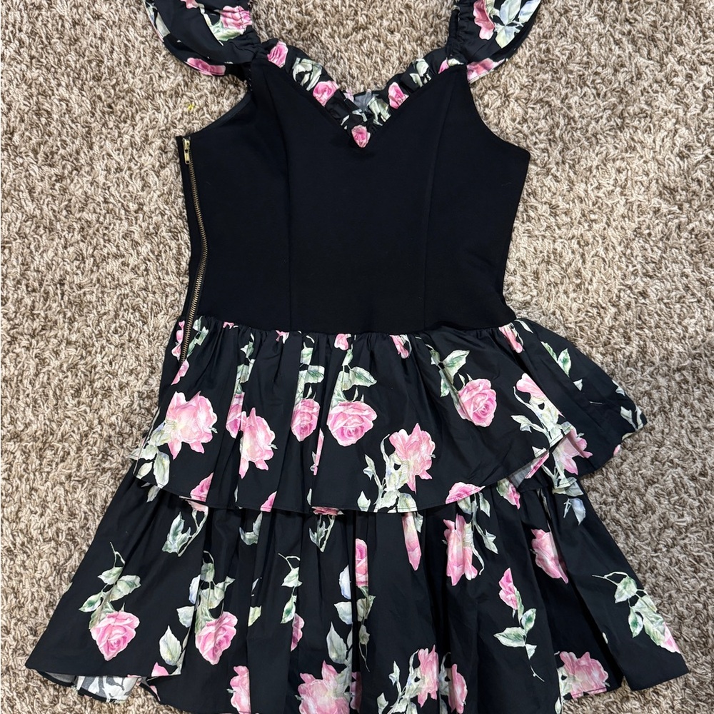 LoveShackFancy Black and Pink Floral Mini Dress